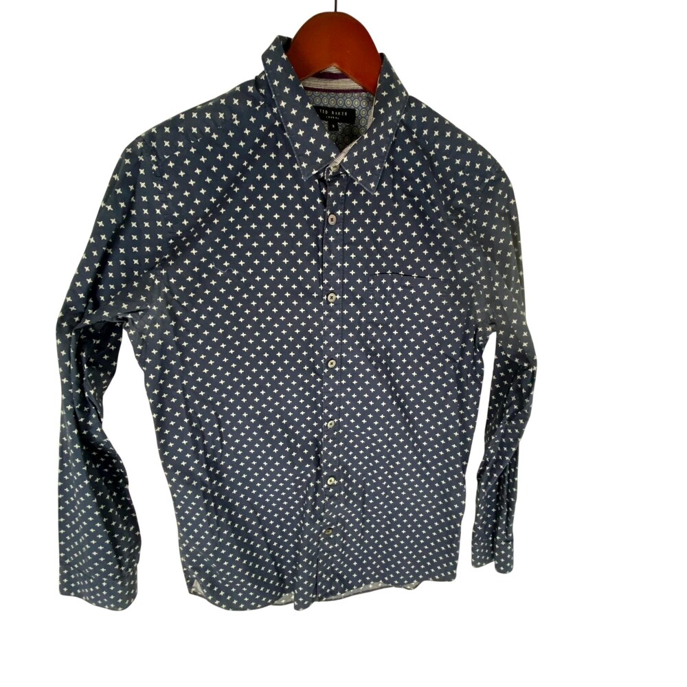 Ted Baker Dress Shirt Men 3 Blue White Floral 100% Cotton Long Sleeve Formal